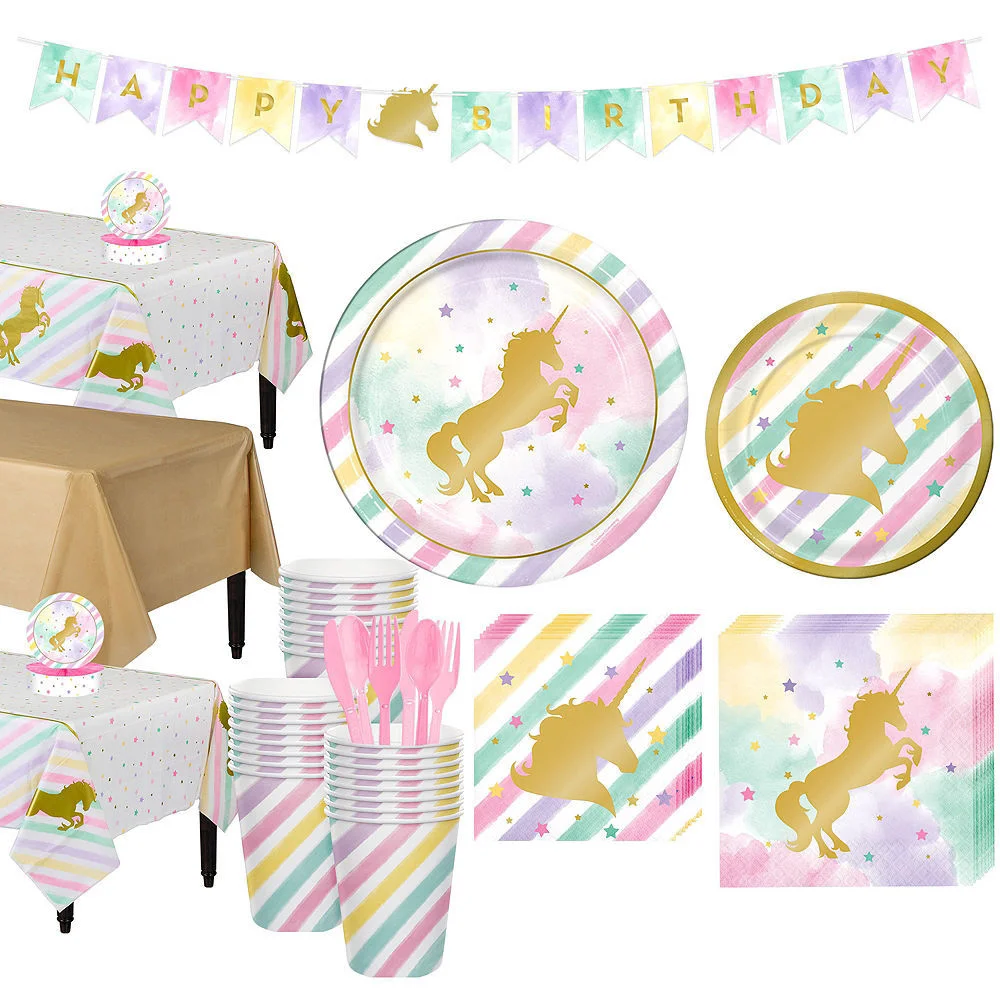 

Hot Gold Unicorn Theme Party Disposable Tableware Kit Kids Unicorn Birthday Party Decorations Baby Shower Dessert Table Decor