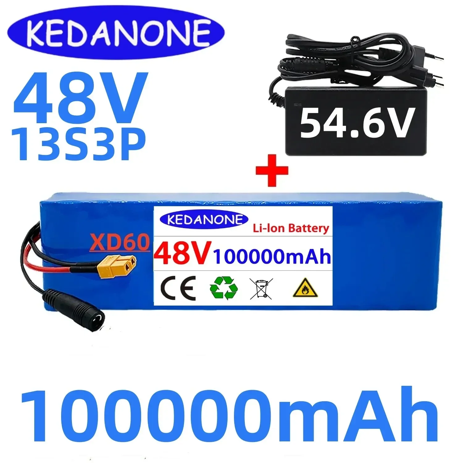 

Batería de iones de litio para bicicleta eléctrica, Pila de iones de litio de 48V, 100000mAh, 1000w, 13S3P, XT60, 100Ah, con BMS