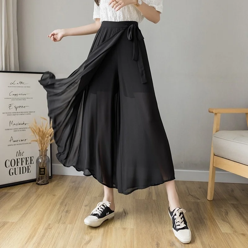 

New Korean Style Women Chiffon Pleated Pants High Waist Casual Wide Leg Trousers