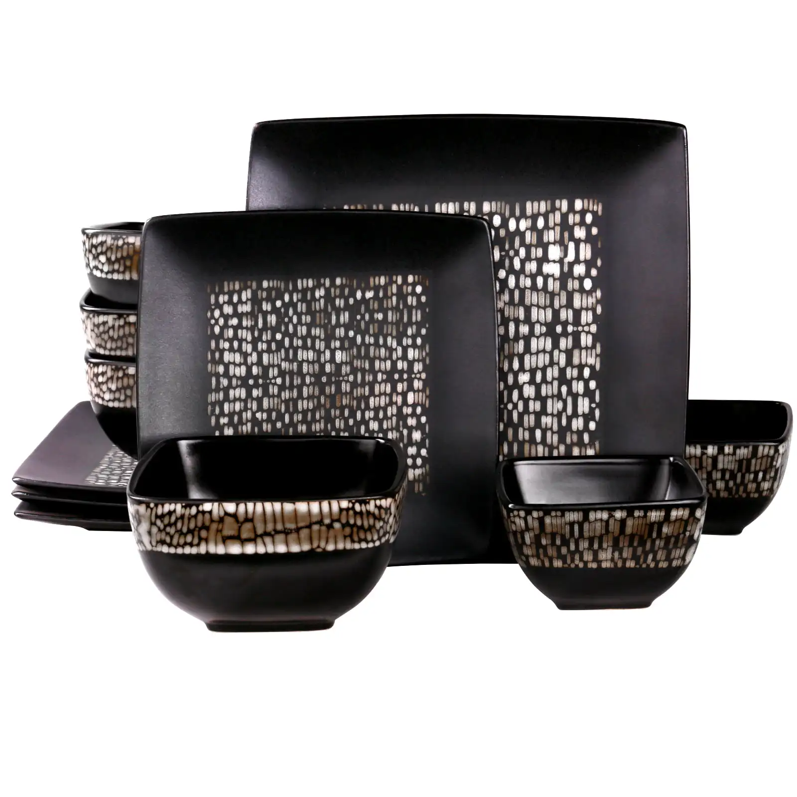 

16 Piece Double Bowl Stoneware Dinnerware Set in Black