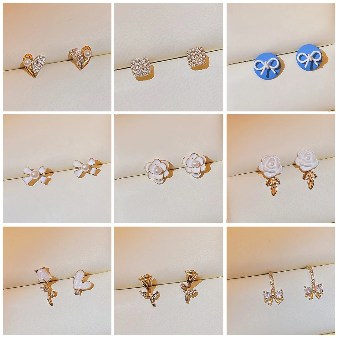 

Multi Styles Small Stud Earrings Gold Plated Wholesale Hollow Geometric Diamond Pearls Stud Earrings Set for Women