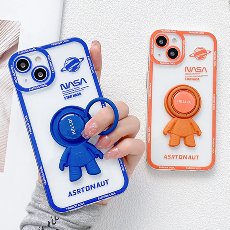 

Electroplated Astronaut Ring Holder Phone Case For iPhone 12 11 13 Pro Max XR XS X 7 8 Plus Shockproof Bumper Clear Back Cover
