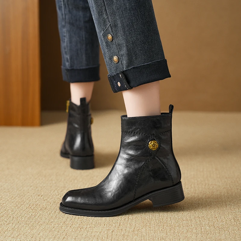 : женские винтажные ботильоны из телячьей кожи с фурнитурой Gold Rose боковой молнией