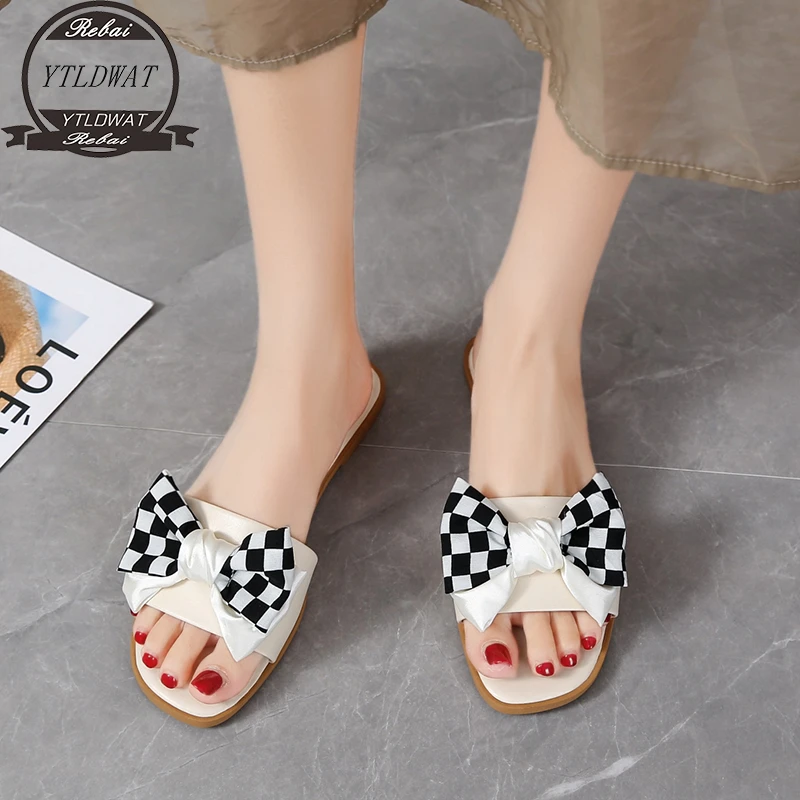 

Slippers Women Summer Slides Flat Shoes Female Butterfly-Knot Fashion Massage Luxury Rome PU Butterfly-knot Rubber Fabric Basic