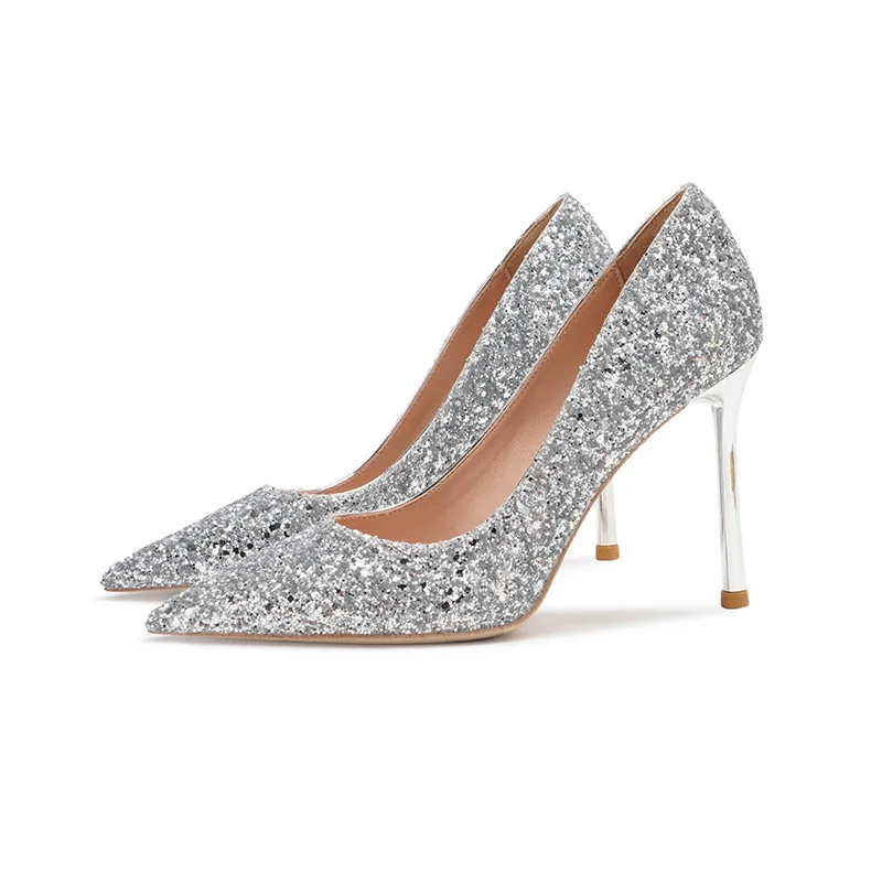 

Summer Women High Heel Shoes Pointed Toe Lady Office Heeled Footwear Silver Glitter Style 10cm