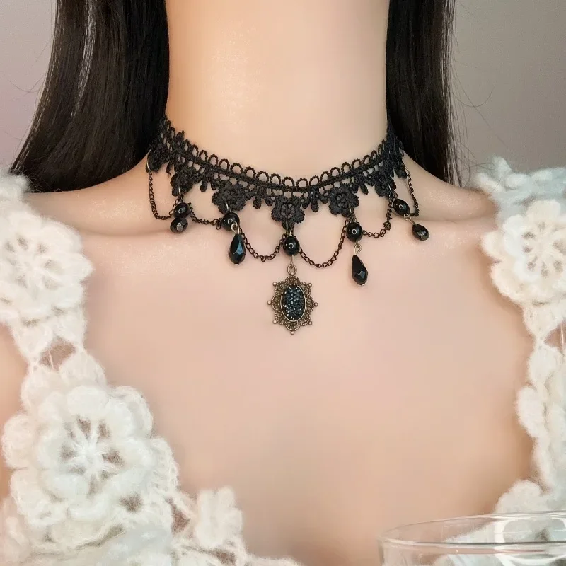 Винтажное классическое готическое кружевное колье для женщин черный кулон с