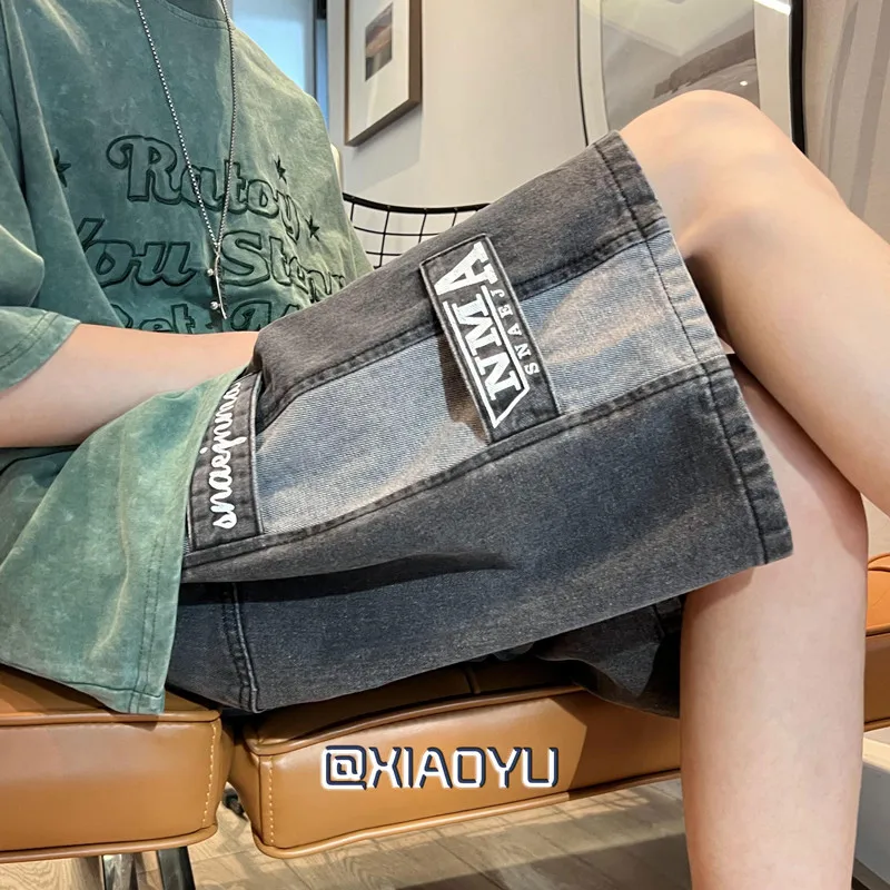 Side Patch Design Jeans Shorts for Mens Summer Fashion Trends High Street Clothes Teens Baggy Denim Pants Plus Size Streetwear