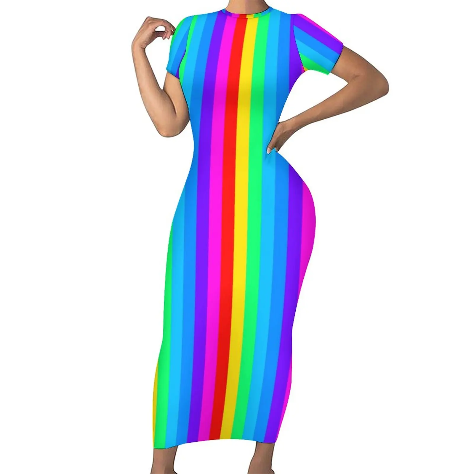 

Rainbow Striped Dress Short Sleeve Colorful Print Cute Maxi Dresses Summer Street Style Graphic Bodycon Dress Large Size 5XL 6XL