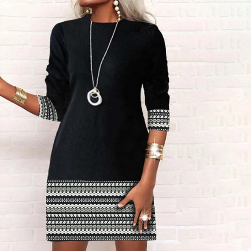 

Elegant Temperament Long Sleeve Dresses Autumn and Winter New Women's Printed Comfort Dresses Vintage Round Neck Midi Dresses