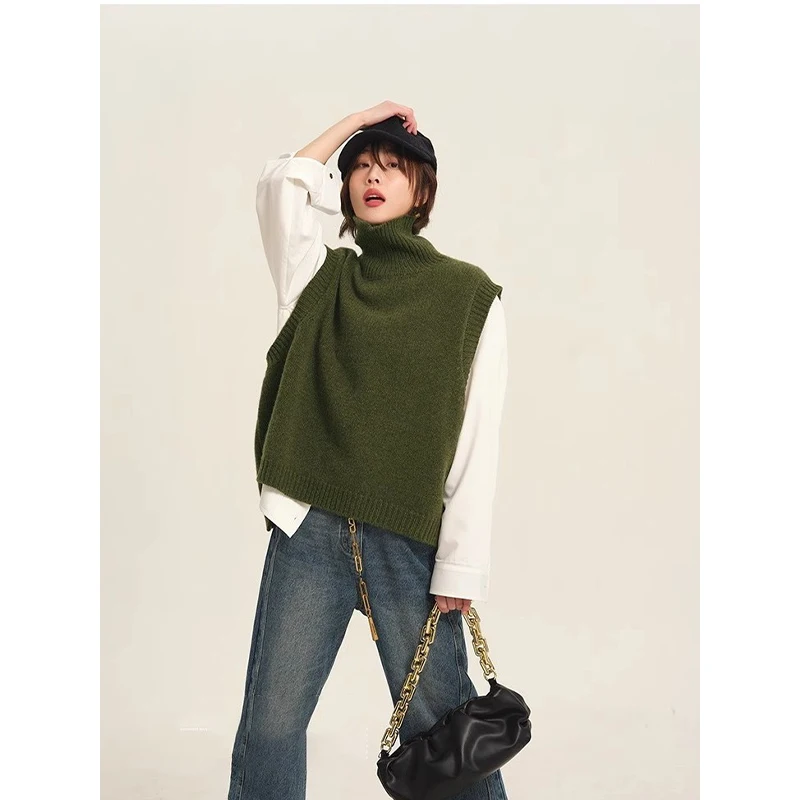 French sle Mori look Gray Knit sweater Vest Women Autumn and Winter Turtleneck Waistcoat Stacked Outer Wear Idle Sle...