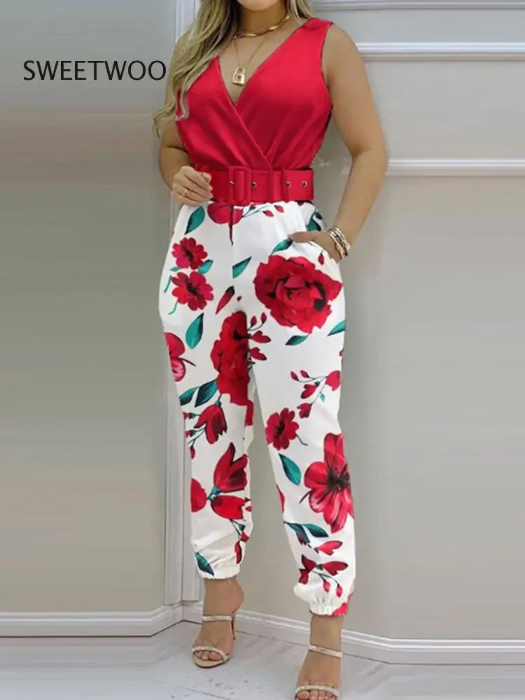 New Women Backless Casual Jumpsuits Summer Slim High Waist Pencil Pants Ladies Playsuits Sashes Printing Streetwear Dropshipping