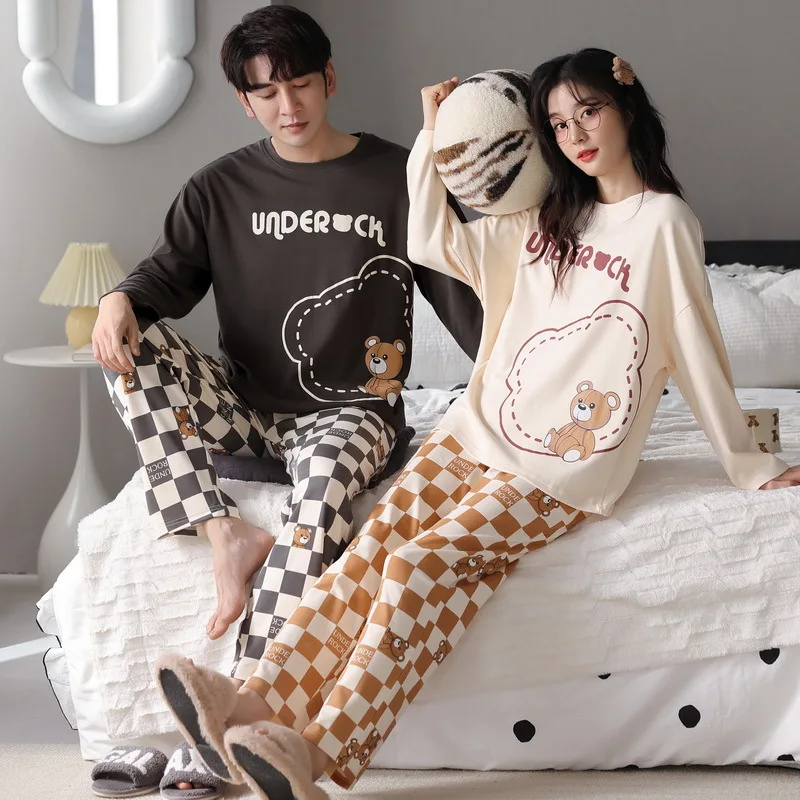 Yasuk Spring Autumn Fashion Women's Casual Soft Cotton Sleepwear Homewear Couple Pajamas Set With Pants Plaid Bear Couple Unisex