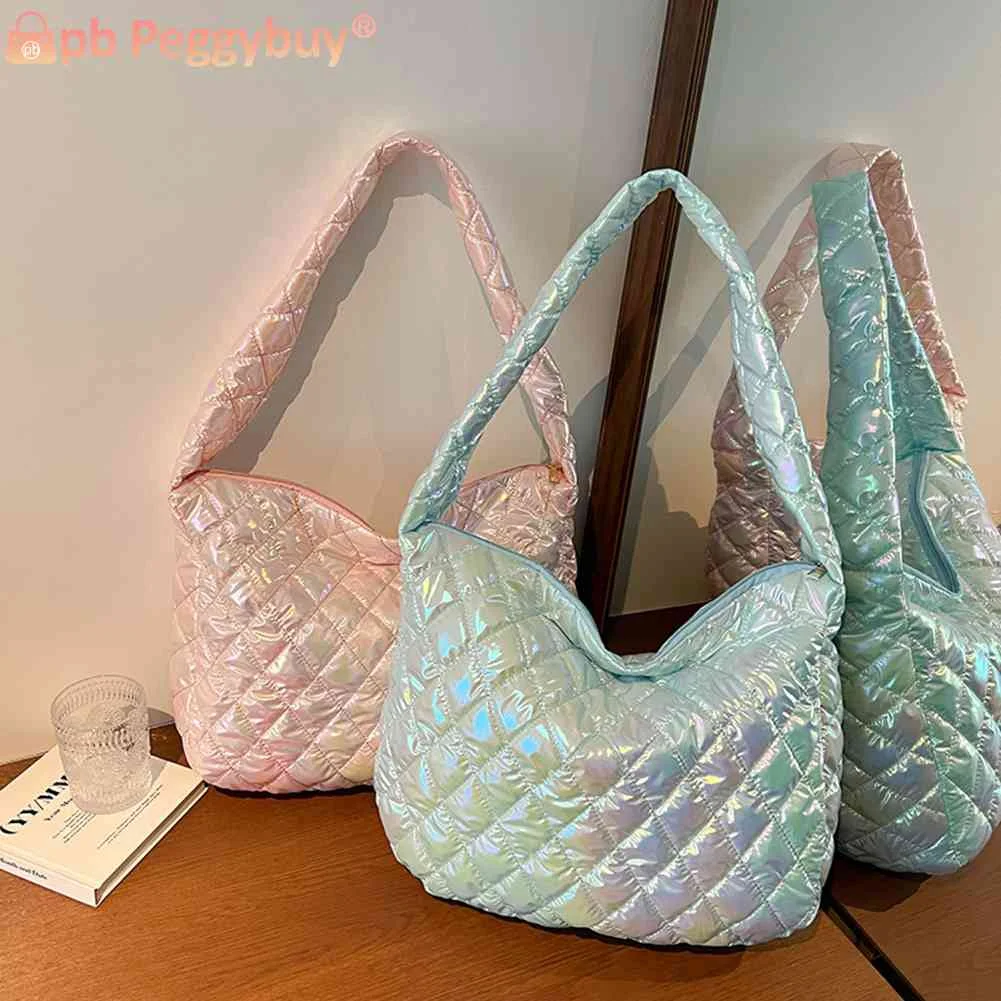 

Autumn Winter Ladies Tote Handbags Large-capacity Cotton Padded Purses Handbags Laser Multicolor Rhombus Pattern for Travel Work