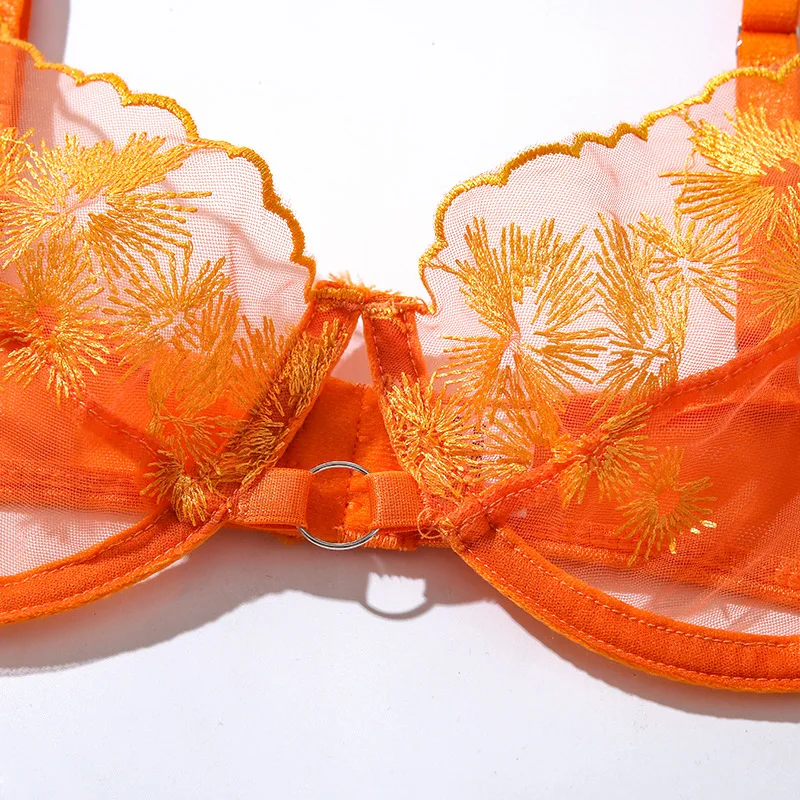 Ellolace Lace Embroidery Lingerie Sexy Transparent Underwear Erotic 3-Piece Orange Mesh Bra Short Skin Care Kits Bilizna Set images - 6