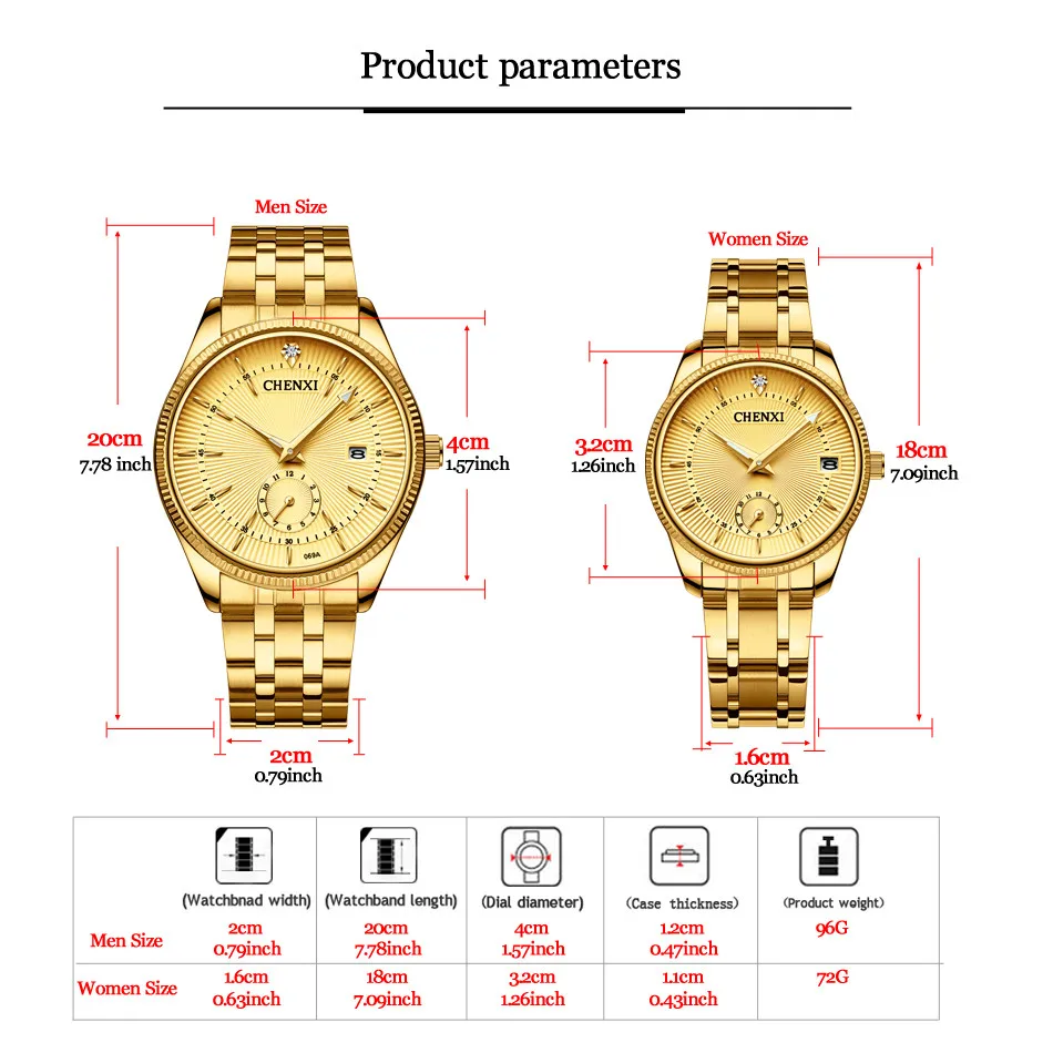 CHENXI Fashion Luxury Brand Calendar Gold Couple Lovers Mens Women Clock Luminous 30M Waterproof Stainless Steel Quartz Watch