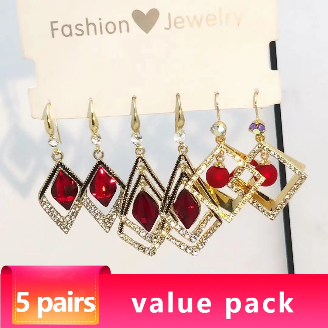 

5 Pairs/set Fashion Red Elegant Vintage Earring Set Classic Geometry Pendant Earrings Women's Wedding Engagement Jewelry
