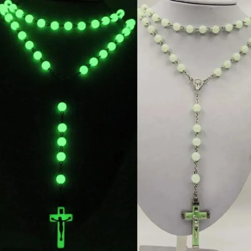 

Glow In The Dark Christian Rosary Necklaces for Women Luminous Christian Catholic Cross Rosary Necklace Religion Faith Jewelry