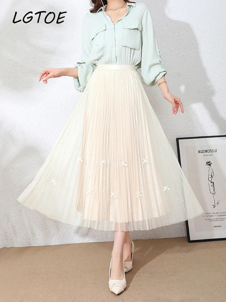 

High Waist Luxury Long Pleated Skirts for Women Chic Elastic Waist Fashion A-Line Summer Casual Elegant Office Ladies Midi Skirt