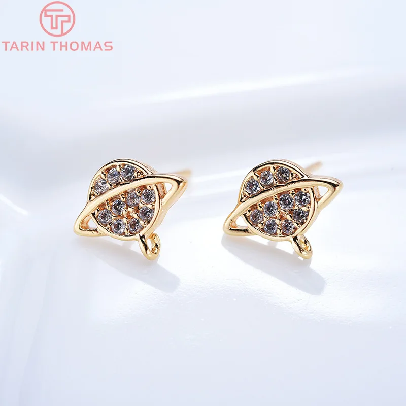 (2220)4PCS 9.3*7.5mm 24K Gold Color Brass with Zircon surround Planet Stud Earrings High Quality Diy Jewelry Findings Accessorie | Украшения