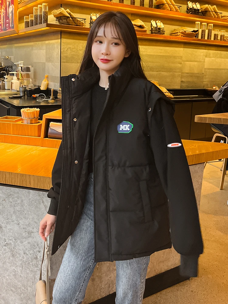 Detachable sleeves Fashion Women Winter Jacket Stand Collar Padded Breasted Buttons Female Outerwear Coat Short Parka Oversize