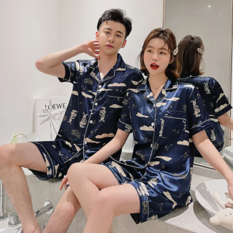 Couple pajama women's summer ice silk short sleeve shorts imitation silk two-piece men's suit homewear