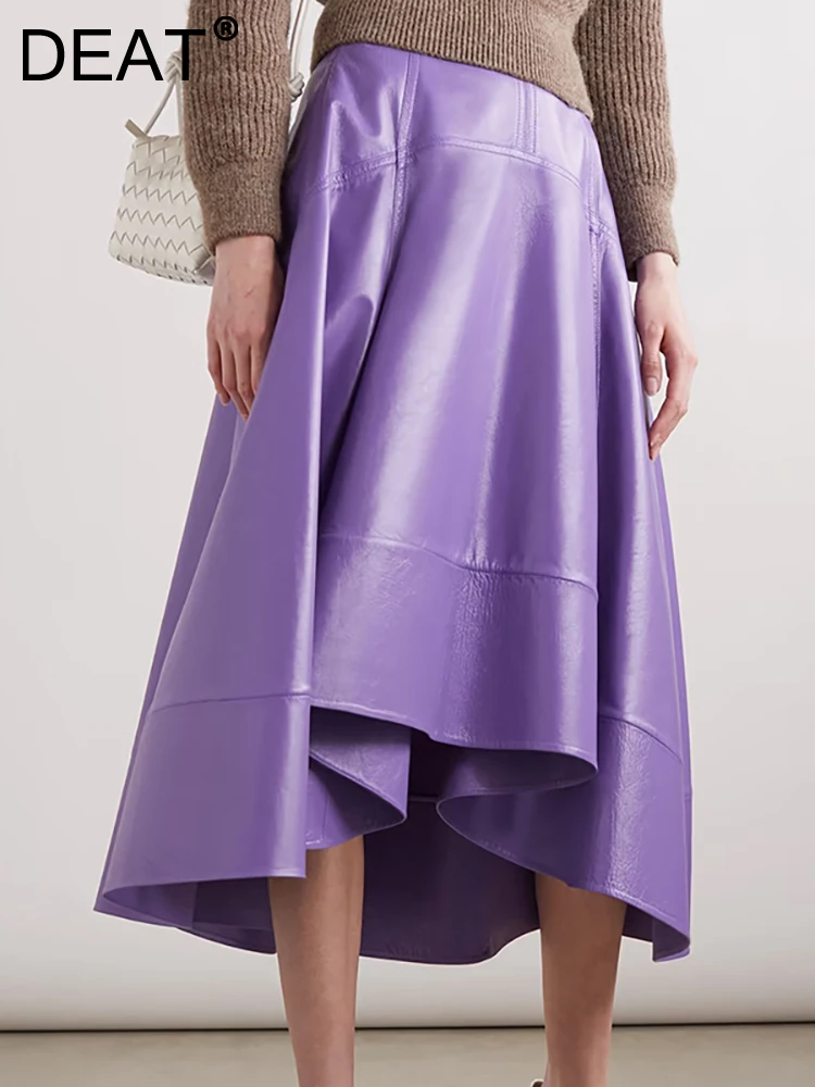 DEAT Fashion Women's PU Leather Skirt High Waist Loose Plated Purple Irregular A Line Skirts Spring 2023 New Trendy 17A5547