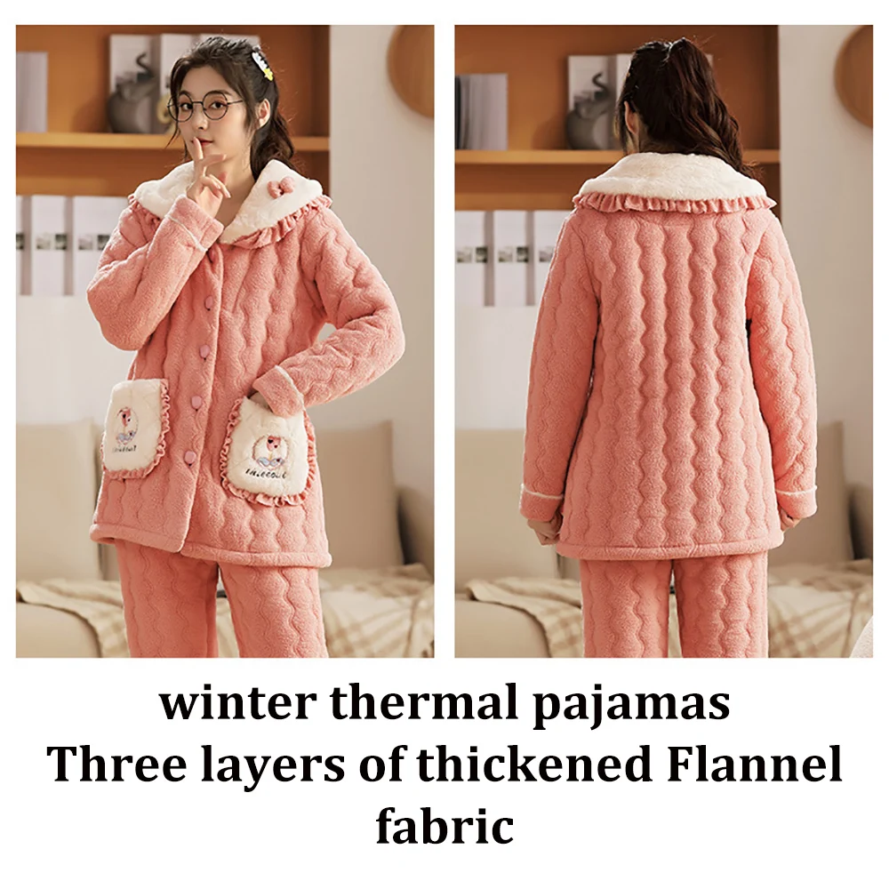 Women's Winter Flannel Pajamas 3-layer Thicken Warm Pijamas Woman 2 Pieces Pyjamas Set Sweet Cute Winter Cozy Female Sleepwear