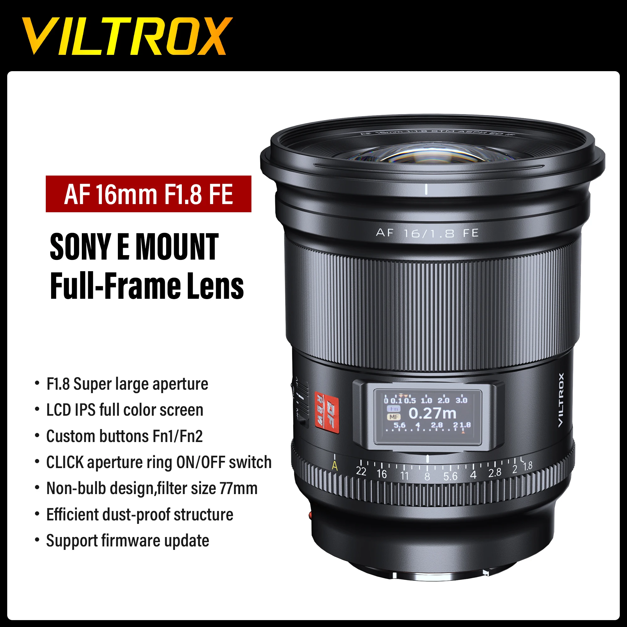 VILTROX 16mm F1.8 Sony E Camera Lens Full Frame Large Aperture Ultra Wide Angle Auto Focus Lens With Screen For Sony ZV-E1  A7RV