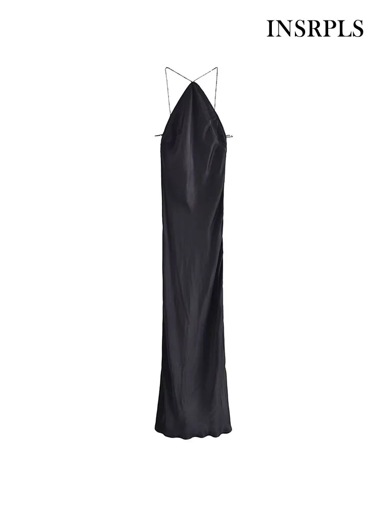 

INSRPLS Women Fashion With Bead Halterneck Satin Midi Dress Sexy Backless Zipper Thin Straps Female Dresses Vestidos Mujer