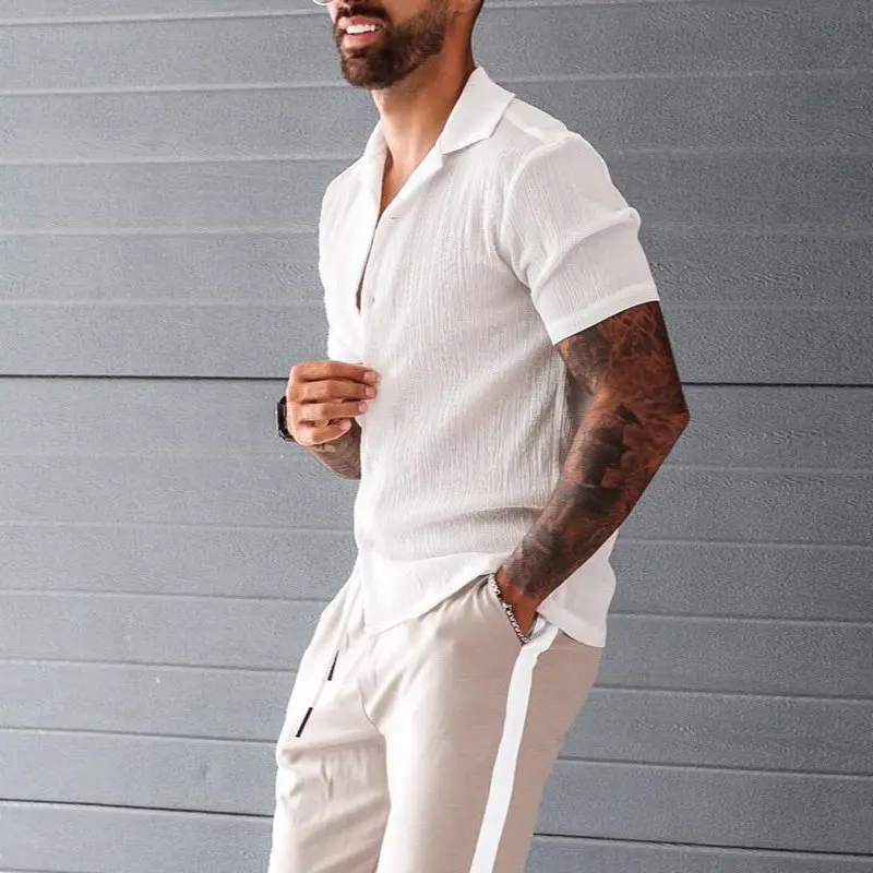 Men's Shirt Summer Fashion Solid Color Cardigan Loose Shirt Top Men's Casual Single-Breasted Turn-down Collar Short Sleeve Shirt