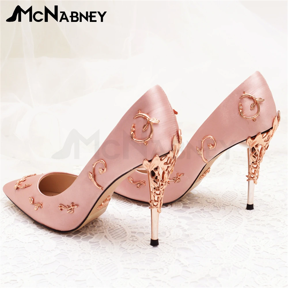 Bridal High Heels Satin Genuine Leather High Heels Luxurious Style Metal Wrapped Heels Novelty Designs Women Pumps Party Shoes
