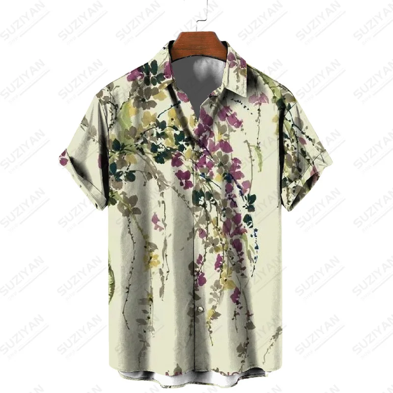 

Рубашка мужская в клетку, с принтом растений, льняная, с воротником-стойкой