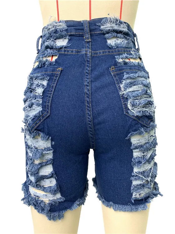 2023 Hot Summer New Women Holes Denim Shorts High Waist Ripped Tassel Skinny Jeans Blue Lady Sexy Outwear Shorts Fashion Indie