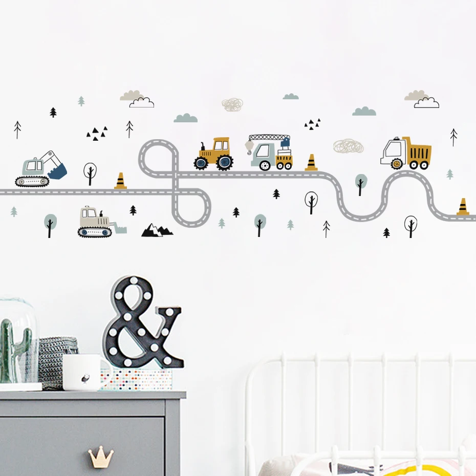 

Watercolor Cartoon Cars Truck Tractor Bulldozer Traffic Track Wall Stickers for Boy Play Room Bedroom Wall Decals Home Decor
