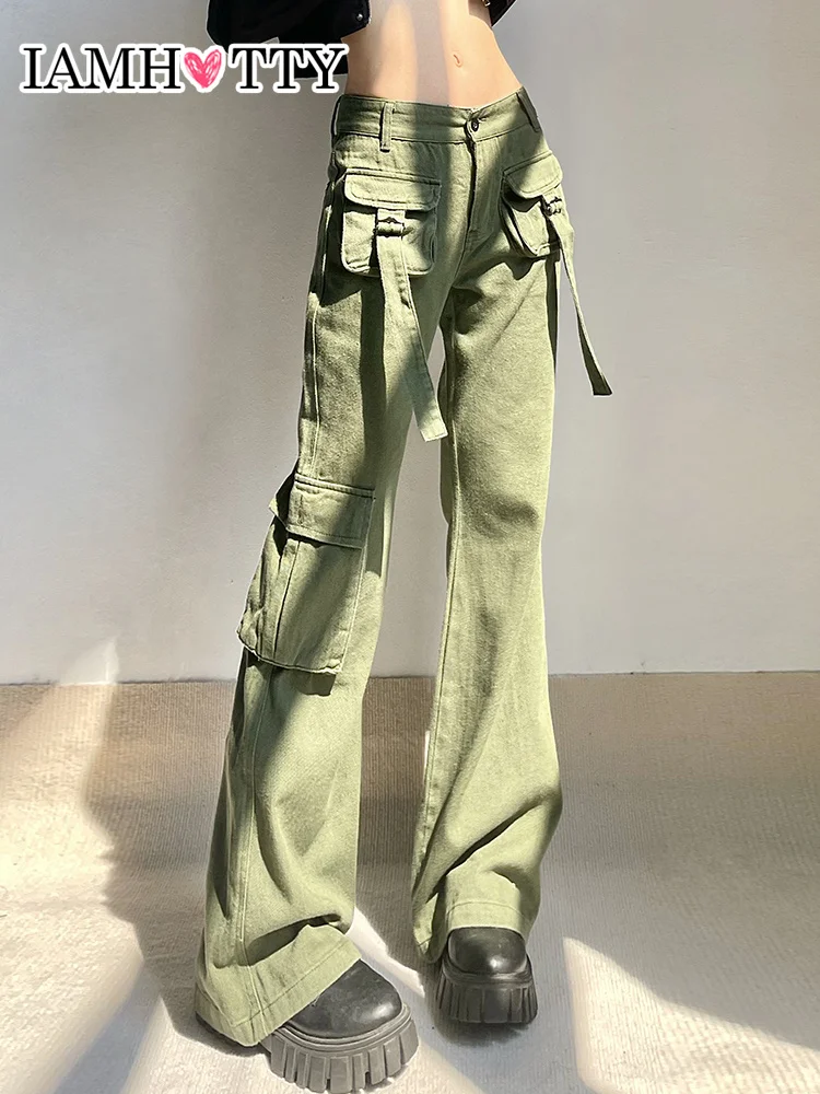 

IAMHOTTY Streetwear Multi Big Pockets Green Cargo Denim Pants High Waist Baggy Jeans Vintage Grunge Outfit Punk Trousers Women