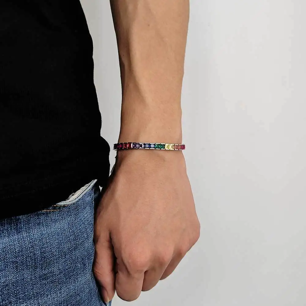 Браслет Теннисный мужской с цветным квадратным фианитом и золотом 18 К