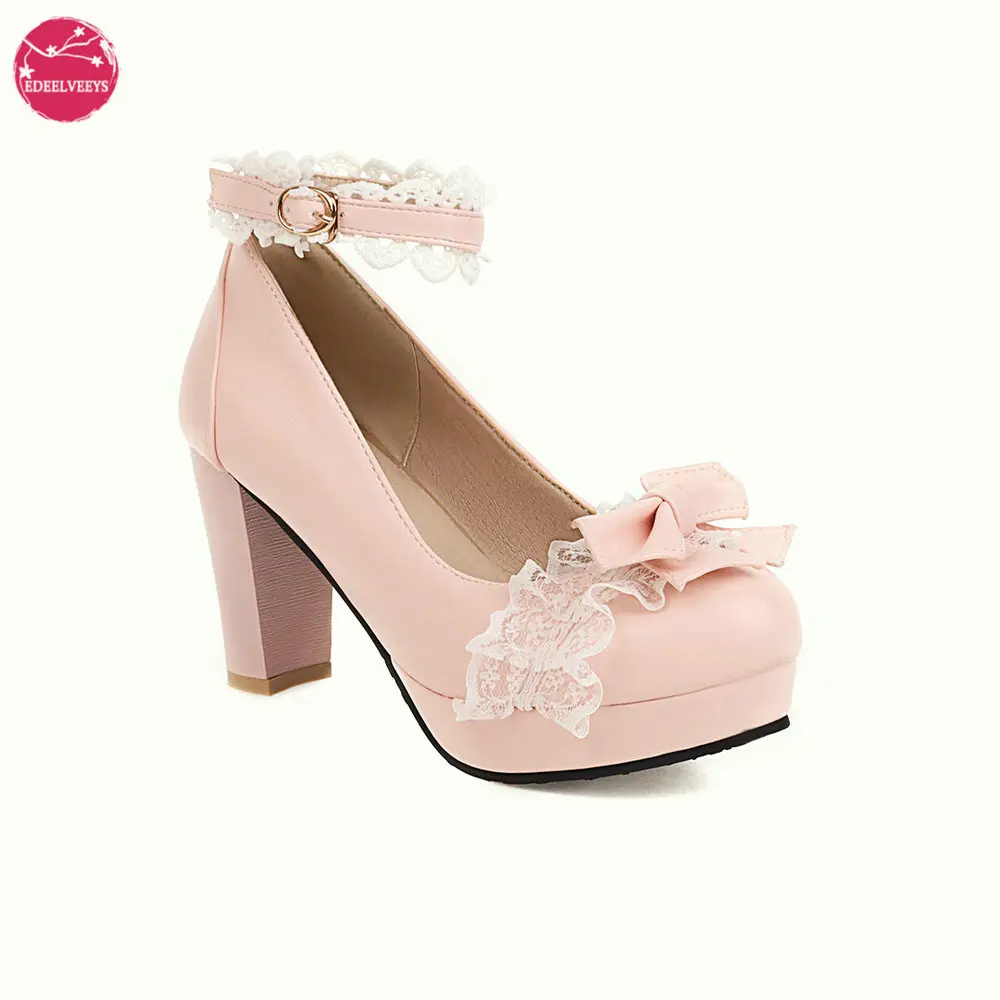 Women's Platform High Heels Elegant Bow Lace Ankle Buckle Strap Mary Jane Shoes Versatile Lolita Party Dress Pumps Plus Size