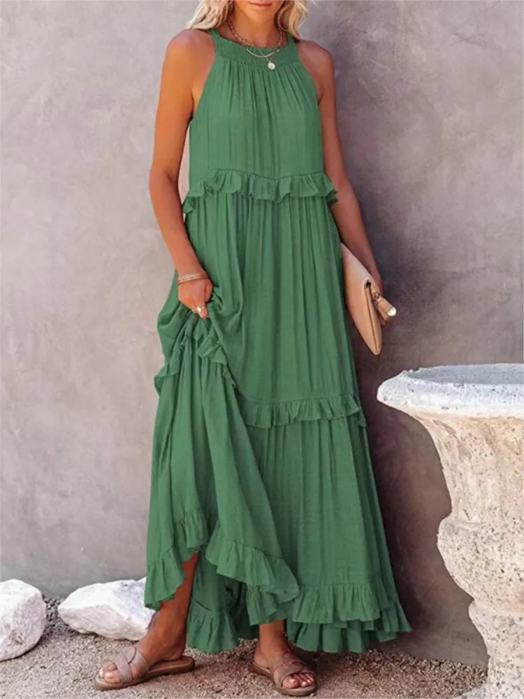 

Cake Maxi Dress Women 2023 Summer Fashion New Solid Ruffle Hollow Pullover Long Dresses Ladies Elegant Sleeveless Beach Vestidos