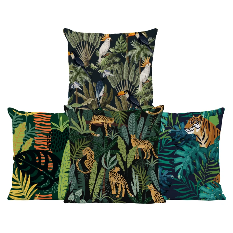 

Colorful Jungle Tiger Pillowcase Parrot Cushion Covers Elephant Green Leaves Rainforest Pattern Throw Pillows Decor Living Room