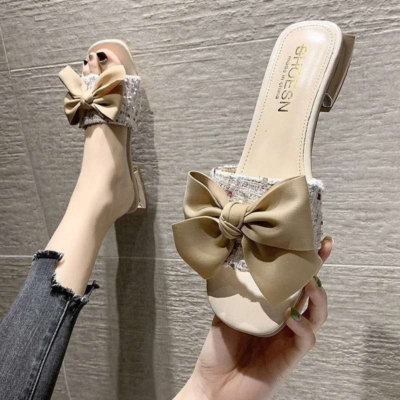 

Женские шлепанцы на плоской подошве, новинка, женская обувь, летние сандалии и тапочки с открытым носком и бантом, Женский комплект на толст...