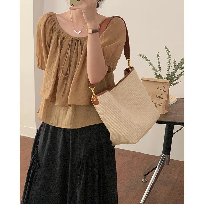 

2023 New Collection Straw Braided Leather Bag Large Capacity Women's Shoulder Bag