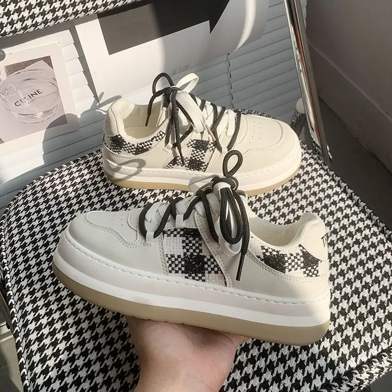 SHANPA Checkerboard Design Small White Shoes for Women All-match Casual Thick Bottom Korean Fashion Student Sneakers