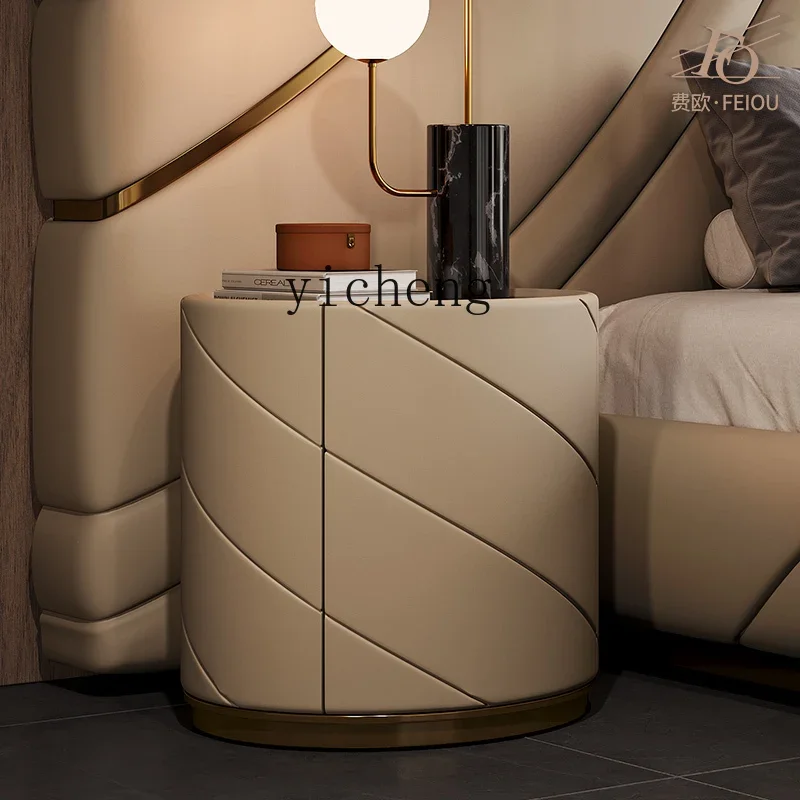 Звс. Легкая роскошная прикроватная тумбочка из кожи модная мраморная для спальни