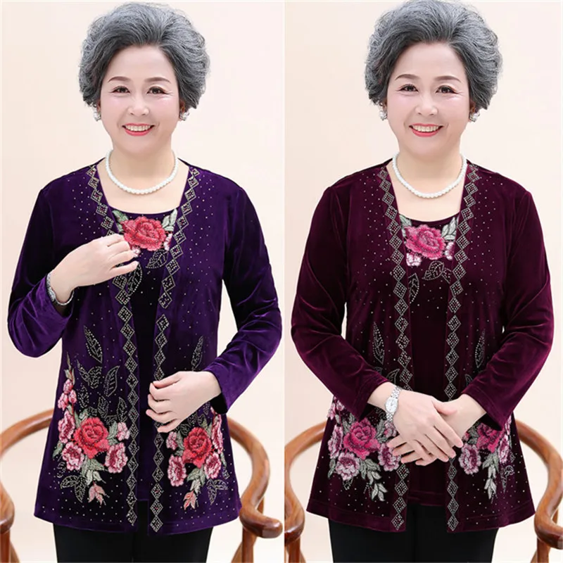 

Женские рубашки для среднего и пожилого возраста, женская футболка 60-70-80, новые весенние Имитационные топы, Золотое бархатное элегантное пальто