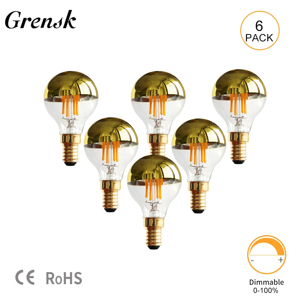 

6pcs/Lot Grensk G45 Half Chrome Light Bulb 4W Deep Dimmable No Flicker Gold Mirror Tipped 220V E14 Base Edison Led Filament Bulb