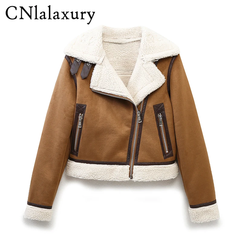 CNlalaxury Winter Woman Thickened Lambswool Jacket Casual Long Sleeve Suede-like Suede Jackets Warm Short Zip Pocket Outerwear