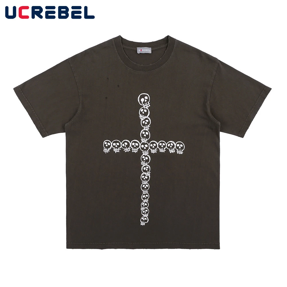 

Cartoon Cross Print Short Sleeve T-shirt Mens High Street Half-Sleeve Streetwear Summer Ripped Loose Crew Neck Cotton Tee Men