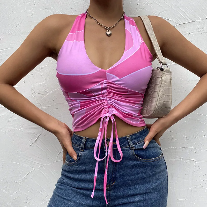 V Neck Sexy Club Bandage Crop Top Knitted Women Sexy 2021 Summer Pink Backless Sleeveless Casual Off Shoulder Tank Tops Party goplus summer knitted crop top women casual sexy v neck shoulderless sleeveless tank tops femme woman clothes ropa mujer