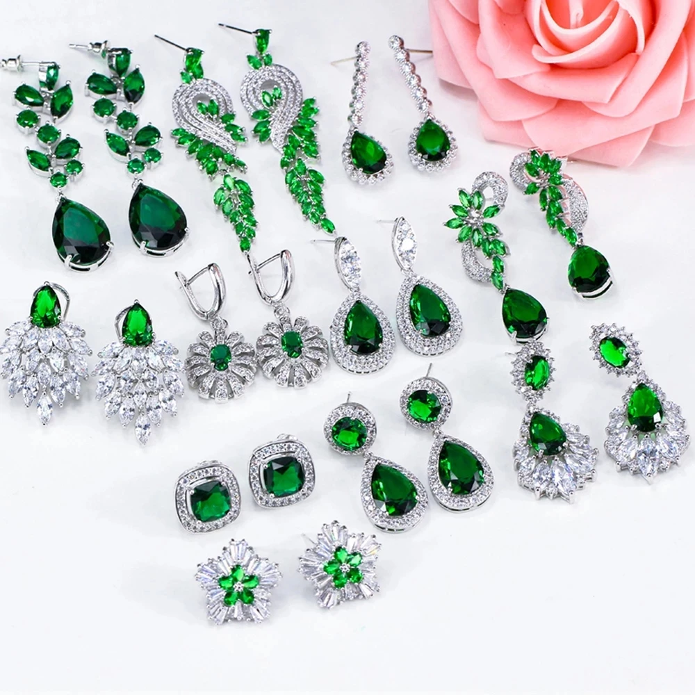 

JMK Luxury Emerald Cubic Zircon Green Gemstone Dangle Earrings For Women Bridal Wedding High Quality Silver Plated Jewelry Gift