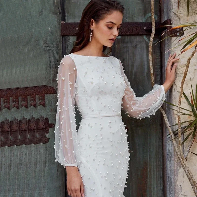 

Luxury Dubai Arab White Mermaid Pearl Beaded Evening Dress Round Neck Long Sleeves Chiffon Prom Dresses vestidos de noche 2023